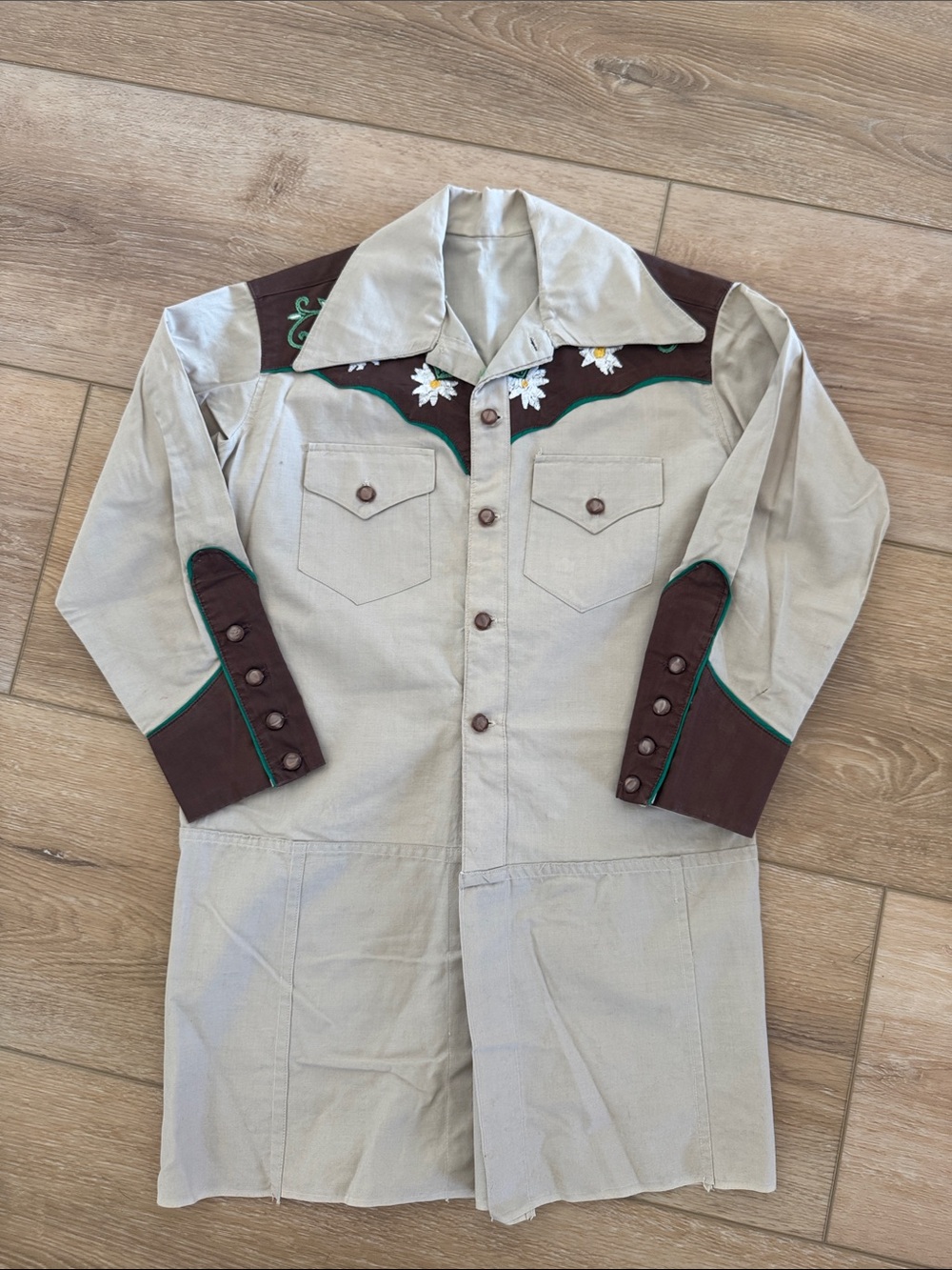 Handmade Vintage Western Embroidered Beige & Brown Shirt